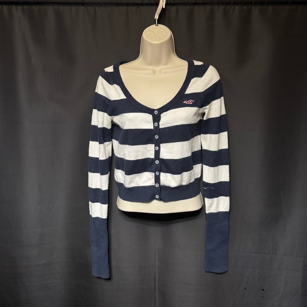 Hollister Navy and White Striped Cropped Cardigan